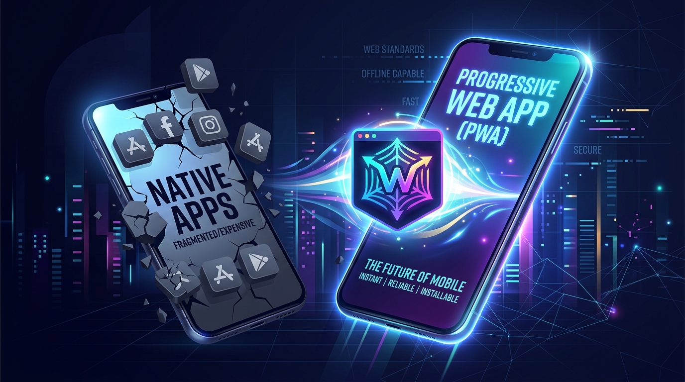 A glowing Progressive Web App icon merging with a smartphone screen, breaking apart traditional native app store icons in a futuristic neon city